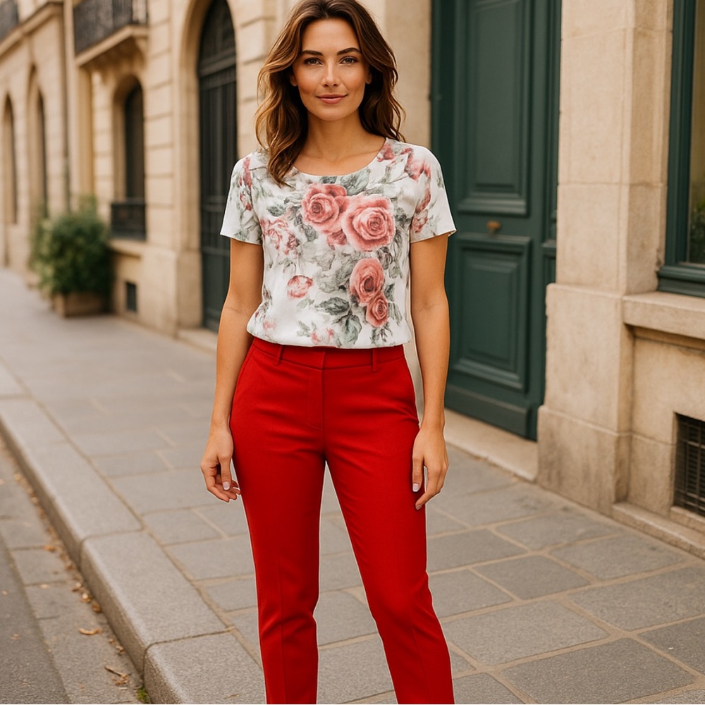 Brittany black beautiful white top with pretty red roses and paisley prints! New